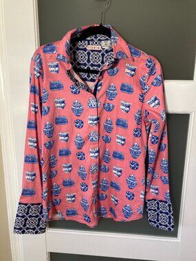 Tizzie Pink Chinoiserie Ginger Jar Long Sleeve Button Down Shirt Size M